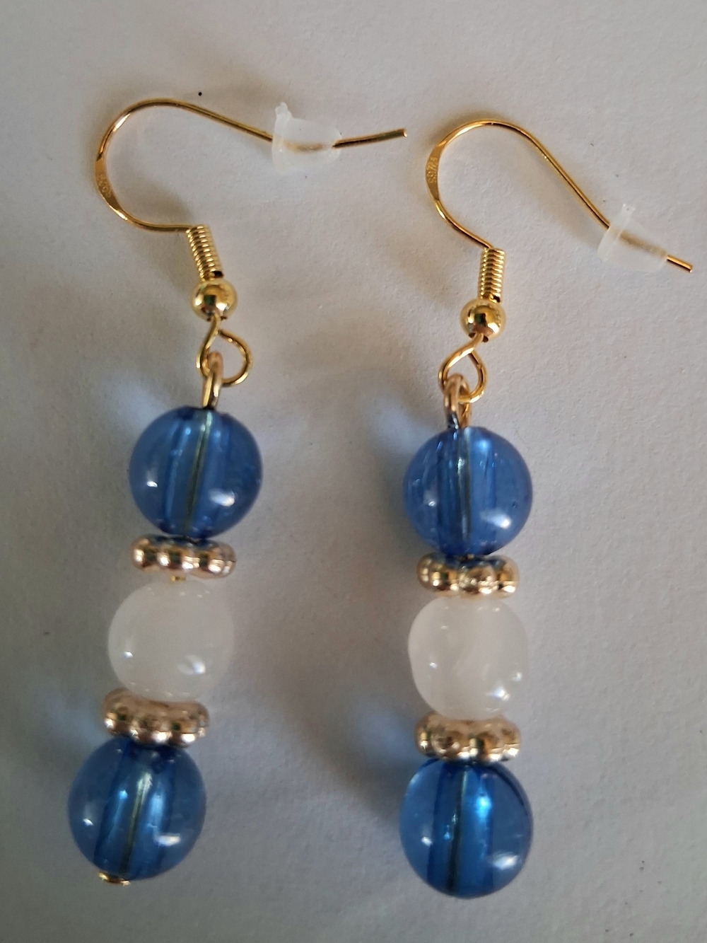 Handmade Gold-Accent Blue and White Bead Drop Earrings